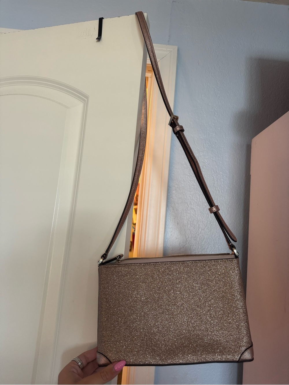 kate spade Rose Gold Glitter Crossbody Bag with Pink Strap Accents - Picture 2 of 5